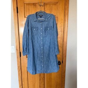 Lands End Women's Blue Chambray Cotton Button Down Shirt Dress Size 18